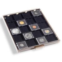 Mnzbox fr QUADRUM mit 20 eckigen Fchern, 50x50 mm, rauchfarben mit schwarzer Einlage